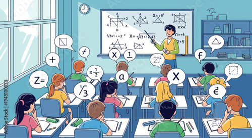 Children Learning Math in Classroom with Teacher Explaining Formulas on Whiteboard