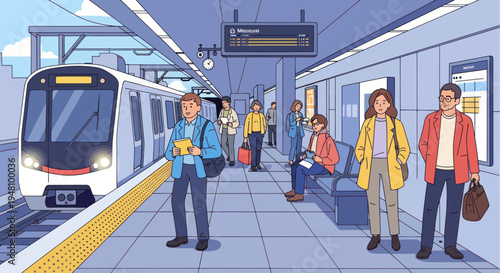 People Waiting at Modern Subway Station Platform with Train Arriving