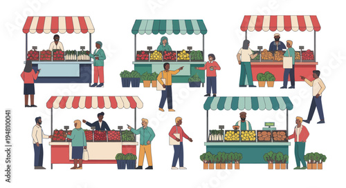 Diverse People Shopping at Outdoor Farmer's Market Stalls with Fresh Produce