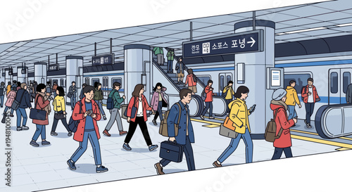 Crowded Subway Station Platform with Commuters and Train