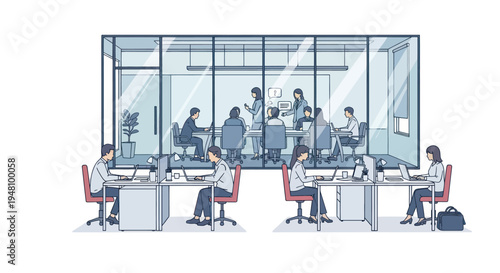 Modern office collaboration with meeting room and focused workers at desks