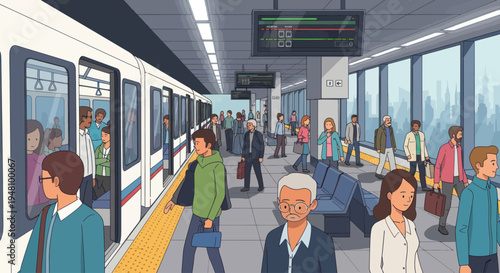 Commuters Boarding Train at Modern Subway Station Platform with Digital Displays