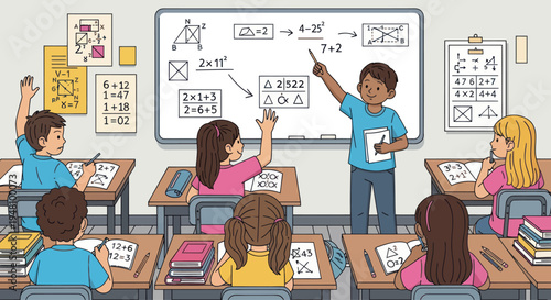 Diverse students learning math in a bright classroom with a teacher at the board.