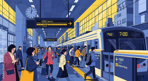 Commuters Boarding Modern Subway Train at Busy Station Platform