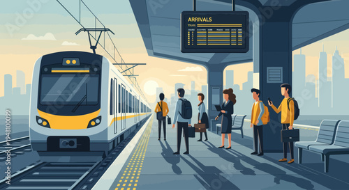 Modern train arriving at station platform with diverse commuters waiting