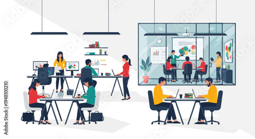 Diverse team collaborating in modern open-plan office with meeting room