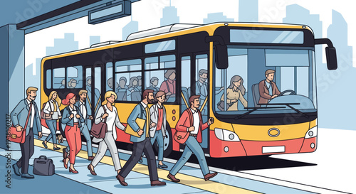 Diverse commuters boarding a yellow bus at a modern city station with buildings in background