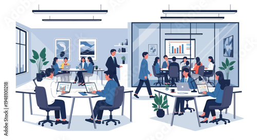 Modern office interior with people working and collaborating in meeting rooms and open spaces.