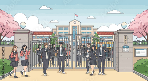 Students in uniforms entering school gate with cherry blossoms in bloom