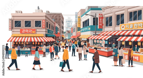 Bustling Korean Street Market Scene with Shoppers and Food Stalls