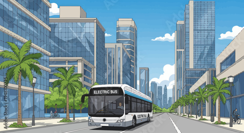 Modern Electric Bus Driving City Street with Tall Buildings and Palm Trees