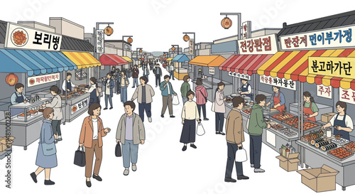 Korean Traditional Market Scene with People Shopping at Stalls