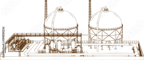 Large LNG Storage Tanks with Industrial Pipelines and Safety Systems Vector Line Art, Natural Gas Terminal Infrastructure, Liquefied Natural Gas Storage Facility, Energy Industry Plant Engineering Ill