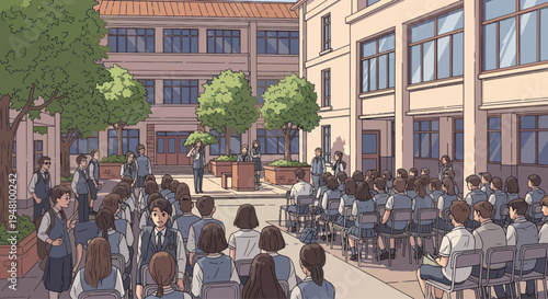 Students Gathered in School Courtyard for Assembly or Event