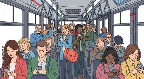 Diverse commuters engrossed in smartphones while riding a crowded public bus