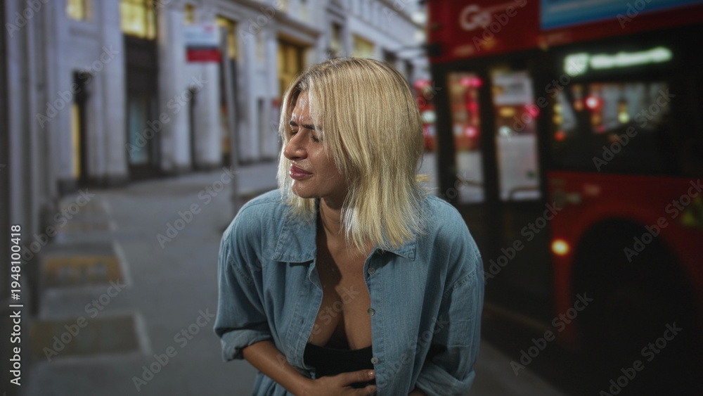 Fototapeta premium Young woman clutching stomach beside a red double decker bus on a busy street, grimacing with stomachache; sickness discomfort.