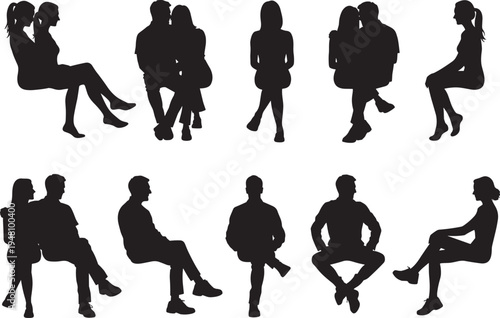 Set of 10 seated human silhouette icons showing diverse sitting postures and social interactions, ideal for body language studies, design projects, and creative illustrations