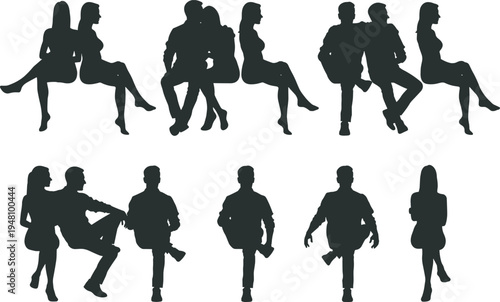 Set of 10 seated people silhouette icons showing diverse sitting postures and social interactions, perfect for body language studies, design projects, and creative illustrationsb
