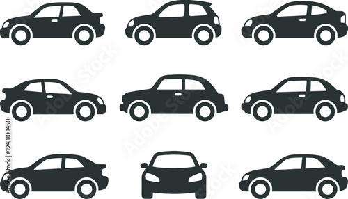 Set of 9 diverse car silhouette icons featuring sedan, hatchback, and compact vehicle designs, perfect for automotive graphics, transport illustration, and creative design projects