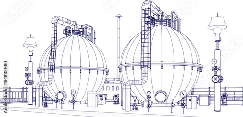 Large LNG Storage Tanks with Industrial Pipelines and Safety Systems Vector Line Art, Natural Gas Terminal Infrastructure, Liquefied Natural Gas Storage Facility, Energy Industry Plant Engineering Ill