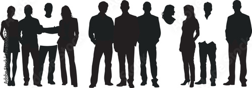 Set of 11 standing people silhouette icons showing diverse human figures, casual and professional postures, ideal for teamwork concepts, demographics, and creative design projects