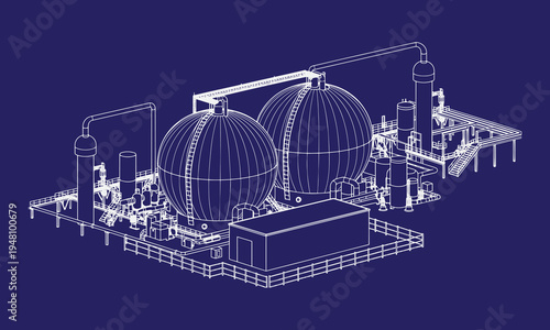 Large LNG Storage Tanks with Industrial Pipelines and Safety Systems Vector Line Art, Natural Gas Terminal Infrastructure, Liquefied Natural Gas Storage Facility, Energy Industry Plant Engineering Ill