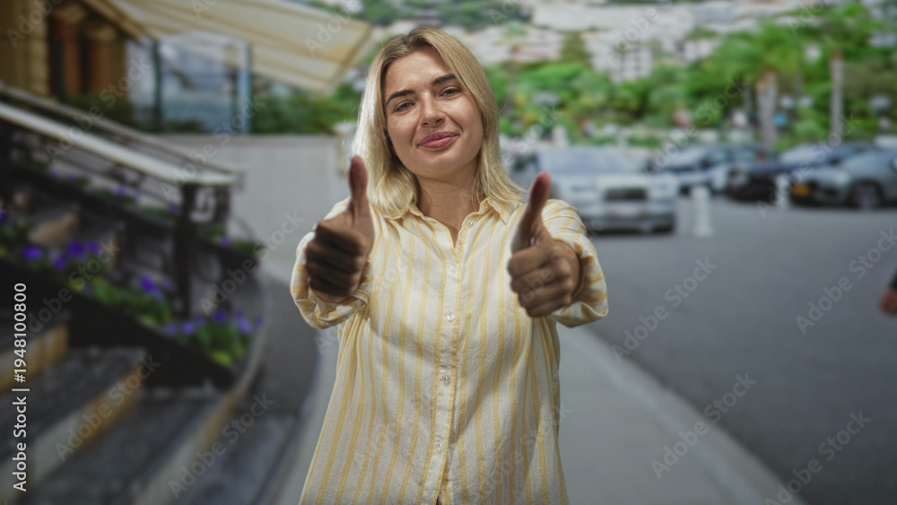 Fototapeta premium Woman smiling and giving thumbs up at hotel entrance by stairs and parked cars, doorman passing behind; optimism approval.