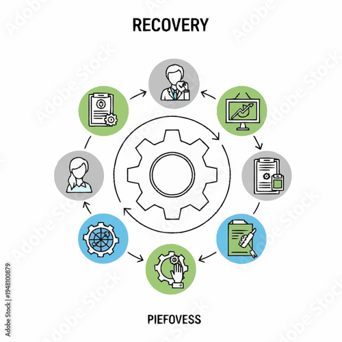 Circular diagram illustrating the recovery process with interconnected icons representing different stages and a central gear mechanism.