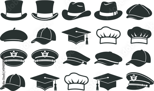 "Set of twenty diverse hat silhouettes including cowboy hats, top hats, baseball caps, chef hats, graduation caps, berets, police hats, and military caps in black vector icons"