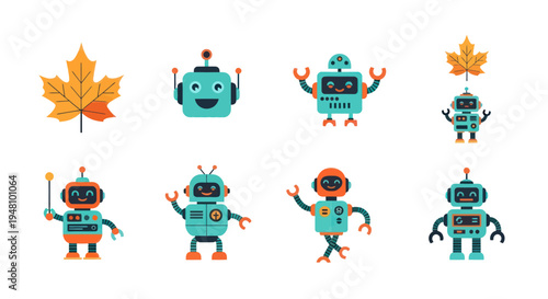 Cartoon robots and autumn leaf vector set