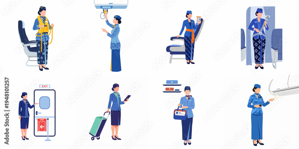 Fototapeta premium Collection of Indonesian Flight Attendants in Blue Uniforms Performing In-Flight Safety Demonstrations and Duties in a Flat Illustration Style