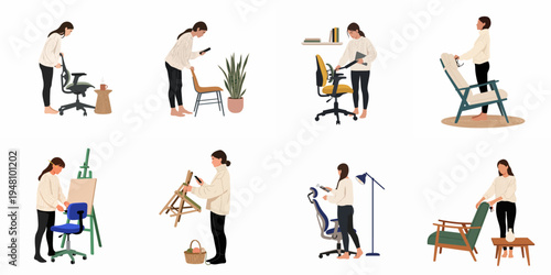 Set of flat illustrations featuring women interacting with various chairs, armchairs, and office furniture for interior design and home life concepts.
