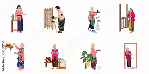 Collection of flat illustrations depicting Indonesian women in traditional kebaya attire enjoying and serving tea in various everyday settings.