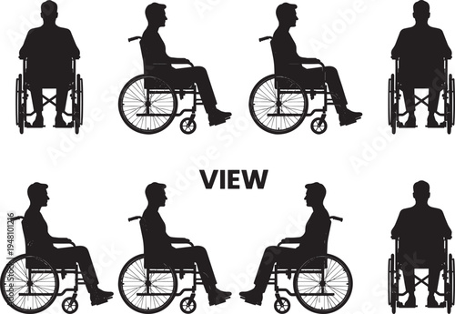 Silhouette illustration of person in wheelchair from multiple viewing angles, accessibility concept design for healthcare, education, mobility studies, inclusivity, 