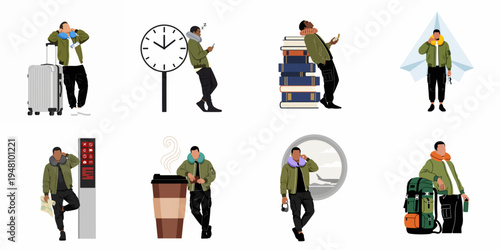 Flat vector illustration set of a young Black male traveler in different airport and vacation scenarios with luggage, maps, and travel accessories.