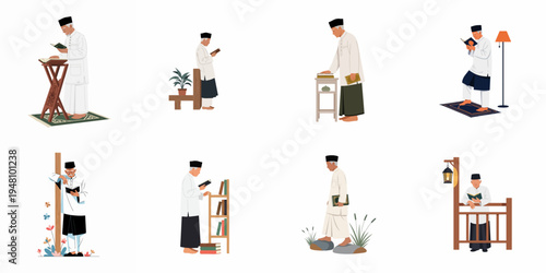 Collection of elderly Muslim man character illustrations reading the Holy Quran and books in various poses, wearing traditional clothing on a white background.