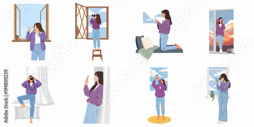 A collection of illustrations featuring a young woman in a purple cardigan taking photos and videos with her phone and camera near windows.