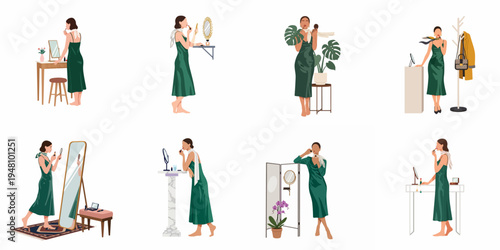 Set of illustrations showing an elegant woman in a green dress applying lipstick and getting ready in different interior settings.