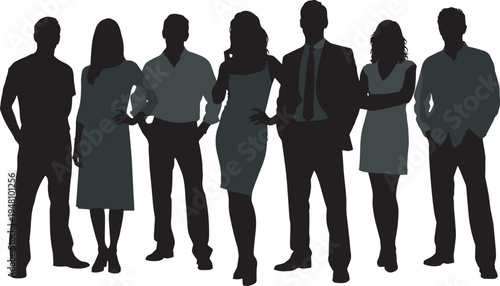 Silhouette illustration of seven diverse individuals standing side by side in formal and casual attire, symbolizing teamwork, professionalism, diversity, and social interaction.