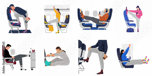 A set of illustrations depicting rude and inconsiderate passenger behaviors on an airplane, featuring people stretching, blocking aisles, and putting feet on seats.