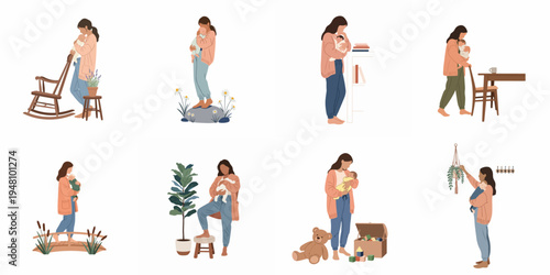 Set of minimalist illustrations portraying a mother's love and daily routine while caring for her newborn baby in various settings.