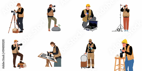 Set of diverse male and female photographers in various professional poses, using cameras, lenses, tripods, and equipment for photo shoots, flat vector illustration.
