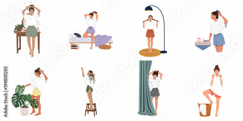 Flat vector illustration set of a young woman performing various morning routines and self-care activities at home, including hair styling and grooming.