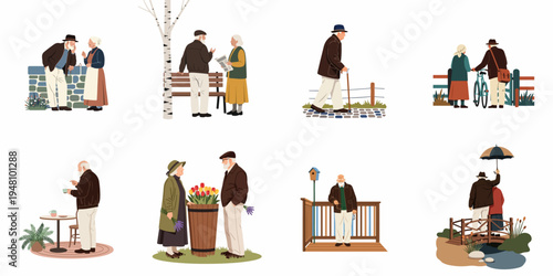 Collection of flat illustrations showing elderly people enjoying various outdoor activities, including walking, talking, and relaxing in a park-like setting.