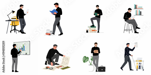 Set of illustrations depicting a professional man in various work and study scenarios, including reading, writing, and presenting data.