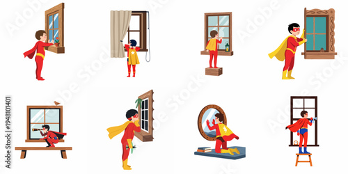 Collection of illustrations featuring a young boy in a superhero costume looking out and interacting with various windows, symbolizing curiosity and childhood imagination.