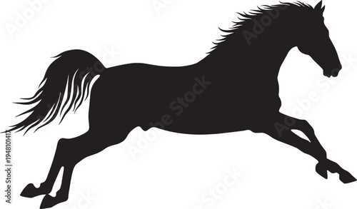 Silhouette of a horse in mid‑leap with flowing mane and tail, symbolizing speed, agility, motion, energy, and dynamic strength in abstract design illustration.
