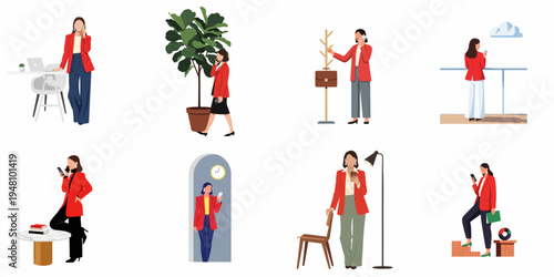 Collection of flat illustrations showing a professional business woman in a red blazer multitasking and using her smartphone in various office settings.