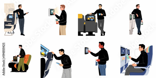 Set of illustrations featuring a male traveler interacting with inflight entertainment systems, screens, and amenities during various stages of an airplane flight.