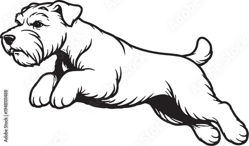 Miniature Schnauzer Jumping Mid Air Side View Black and White Line Art Illustration